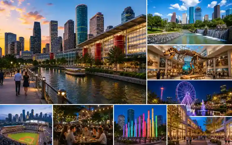 Things to do near George R. Brown Convention Center in Downtown Houston featuring Discovery Green, museums, nightlife, dining, shopping, and local entertainment attractions.
